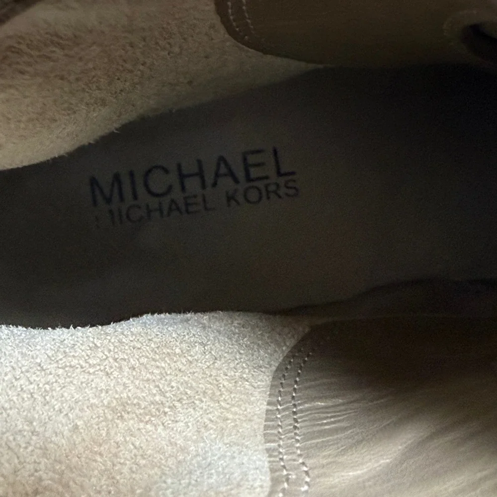 Michael Kors Womens Taupe Suede Buckle Ankle Boots Gold Logo Plate 7.5